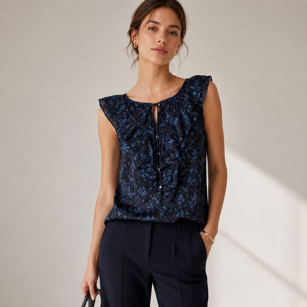 Theory Silk Ruffle Sleeveless Blouse Floral Print Blue Black Sz S Office Chic